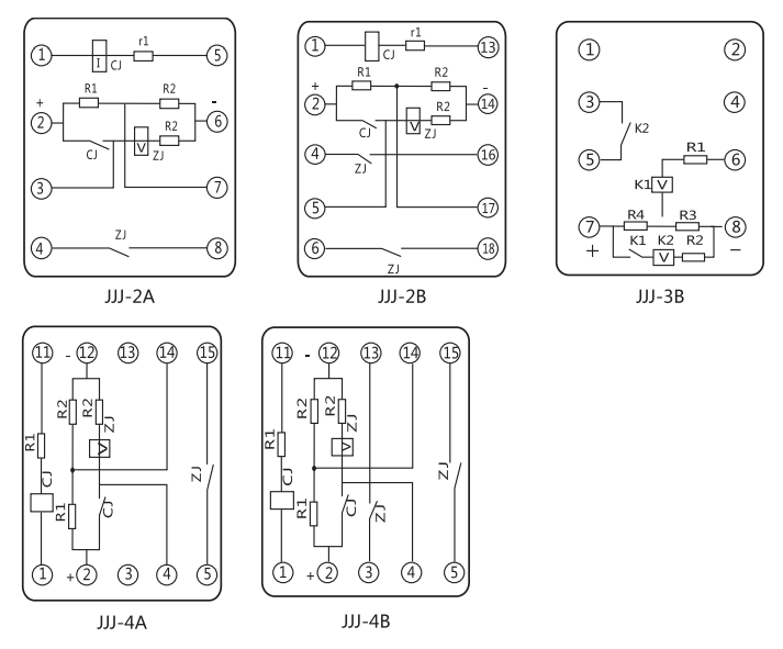 JJJ-4A直流絕緣監(jiān)視繼電器內(nèi)部端子外引接線圖 JJJ-4A直流絕緣監(jiān)視繼電器內(nèi)部端子外引接線圖