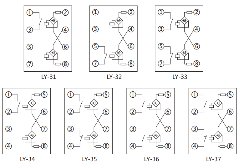 LY-31電壓繼電器內部接線及外引接線圖 LY-31電壓繼電器內部接線及外引接線圖