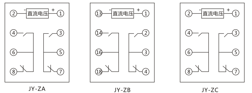 JY-ZC直流高低值電壓繼電器內部接線及外引接線圖 JY-ZC直流高低值電壓繼電器內部接線及外引接線圖