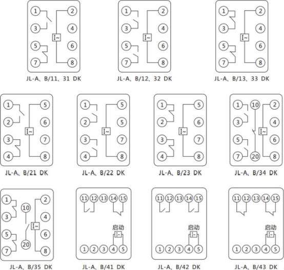 JL-A、B/22 DK無輔源電流繼電器內部接線及外引端子圖（正視圖）