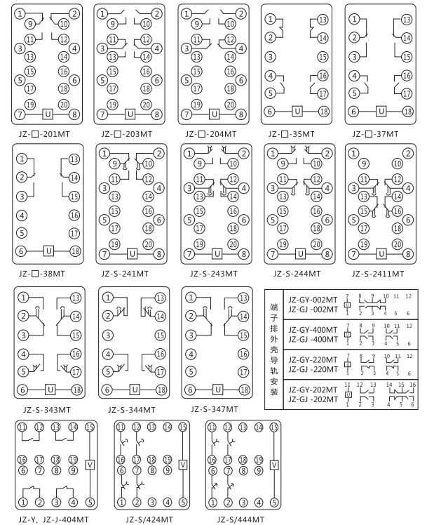 JZ-S-444MT跳位、合位、電源監視中間繼電器內部接線圖 JZ-S-444MT跳位、合位、電源監視中間繼電器內部接線圖