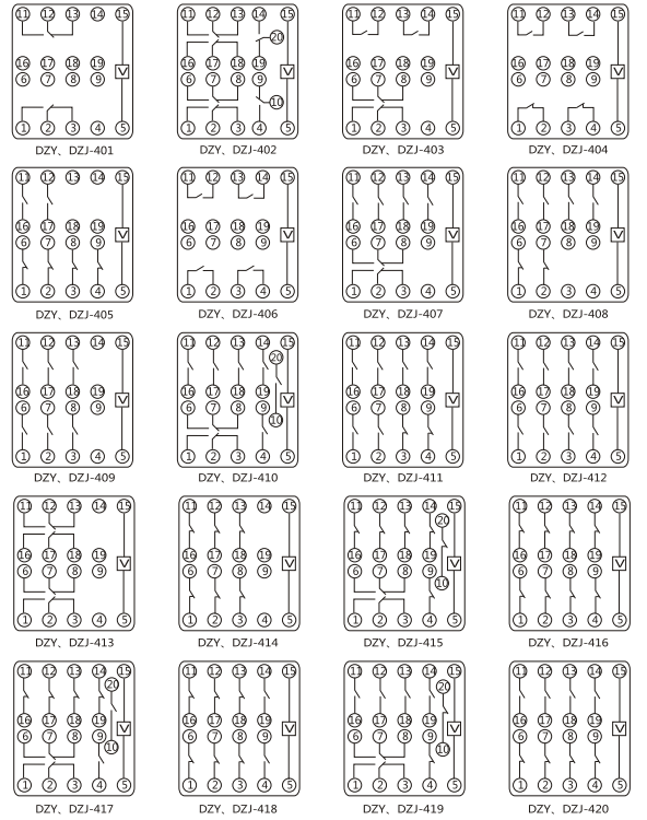 DZY(J)-401導軌式中間繼電器內部端子外引接線圖(正視) DZY(J)-401導軌式中間繼電器內部端子外引接線圖(正視)