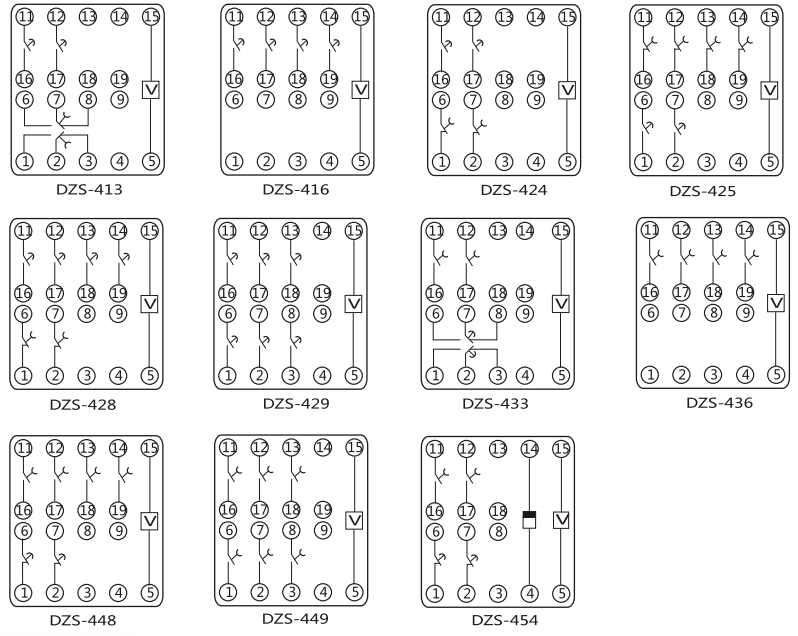 DZY(J)-401中間繼電器內部端子外引接線圖(正視) DZY(J)-401中間繼電器內部端子外引接線圖(正視)