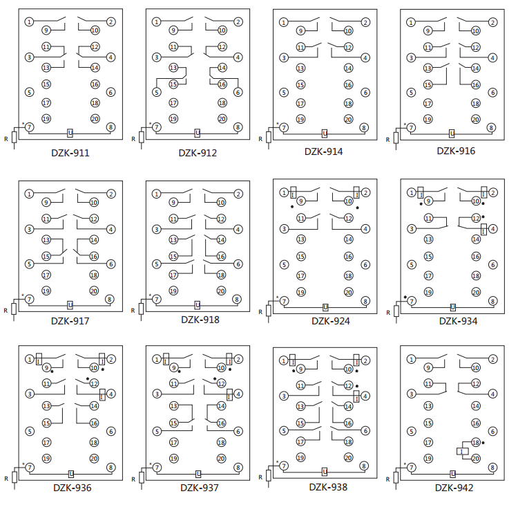 DZK-917快速中間繼電器內(nèi)線接線及外引接線圖(正視圖) DZK-917快速中間繼電器內(nèi)線接線及外引接線圖(正視圖)